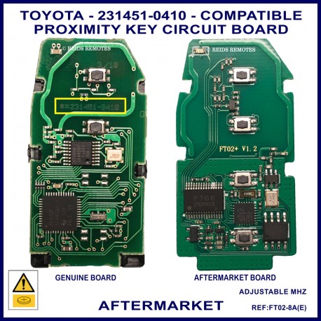 Image shows the front of a genuine 0410 Toyota PCB on the right and this aftermarket PCB on the left