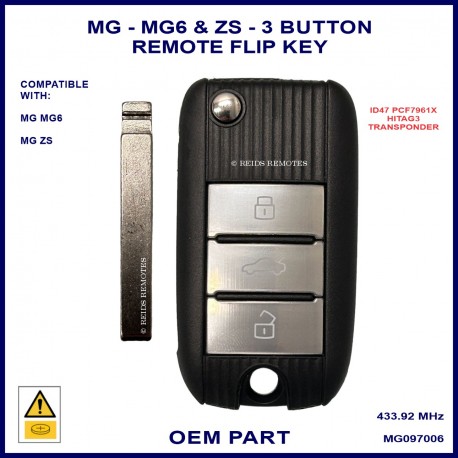 MG M6 & ZS keyed ignition OEM ID47 remote flip key 434 MHz