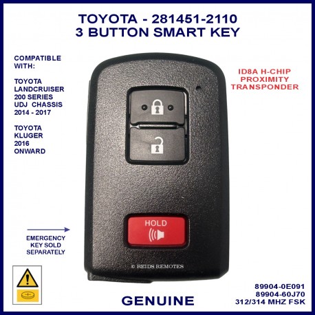 Toyota Kluger & Landcruiser 89904-60J70 or 89904-0E091 3 button smart key - 8A 2110 electric tailgate