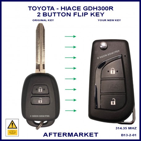 Image shows the front of a genuine Toyota 89070-V3310 key on the left and the aftermarket flip key on the right