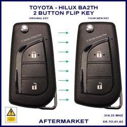 Image shows the front of a genuine Toyota 89070-0KB41 flip key on the left and the aftermarket flip key on the right