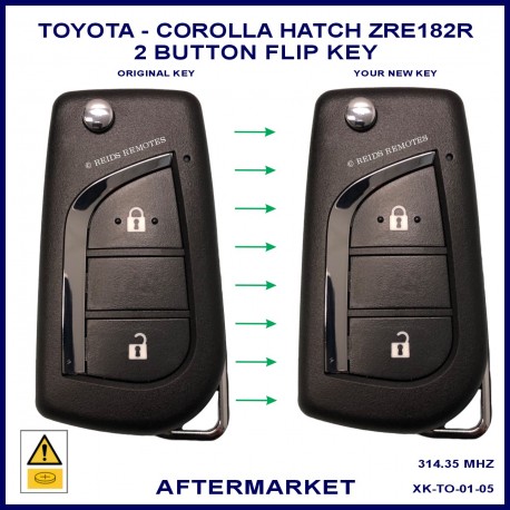 Image shows the front of a genuine Toyota 89070-12A20 flip key on the left and the aftermarket flip key on the right