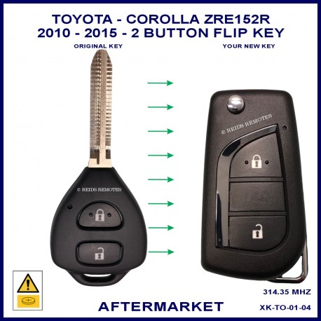 Image shows the front of a genuine Toyota 89070-12501 remote key on the left and the aftermarket flip key on the right