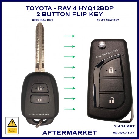 Image shows the front of a genuine Toyota 89070-42D60 key on the left and the aftermarket flip key on the right