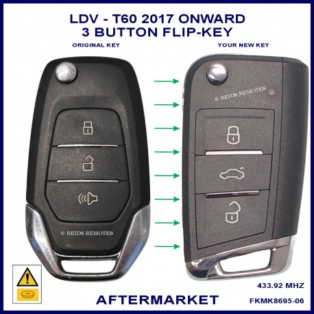 Image shows a genuine LDV T60 flip key on the left and this aftermarket flip key on the right