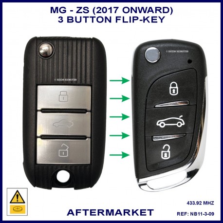 Image shows the front of an original MG ZS key on the left and the back of this aftermarket key on the right.