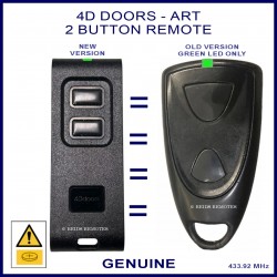 Image shows the 4D Doors ART 2 remote on the left and the old Victory 2 button remote with a GREEN LED which it can replace