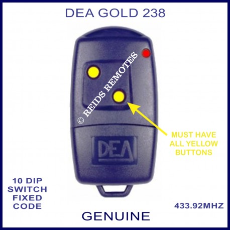 DEA GOLD 238 navy blue gate remote with 2 yellow buttons