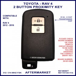 Toyota RAV 4 2012 - 2017 aftermarket 2 button black proximity key compatible with 281451-0020 circuit board