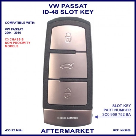 VW Passat 3C0 959 752 BA non-proximity slot key ID48 Megamos crypto transponder type