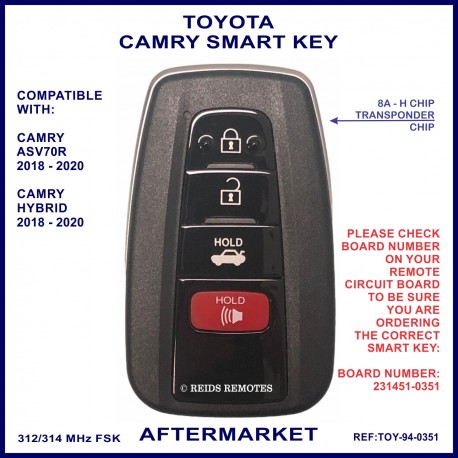 Toyota Camry Hybrid 2018 - 2020 4 button proximity key