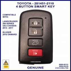 Toyota Kluger & Landcruiser 89904-60J50 or 89904-0E121 4 button smart key - 8A 2110 electric tailgate