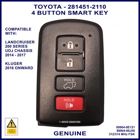 Toyota Kluger & Landcruiser 89904-60J50 or 89904-0E121 4 button smart key - 8A 2110 electric tailgate